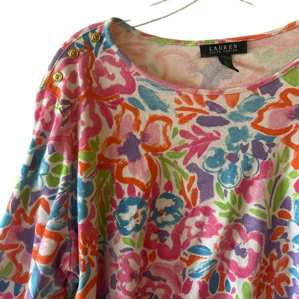 Lauren Ralph Lauren Artsy Floral Top Womens Size 3X Colorful 3/4 Sleeve Knit Tee